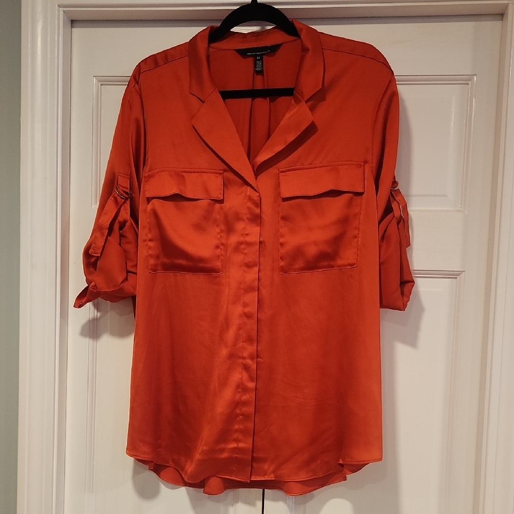 Button-Front Satin Utility Blouse - Rust Orange